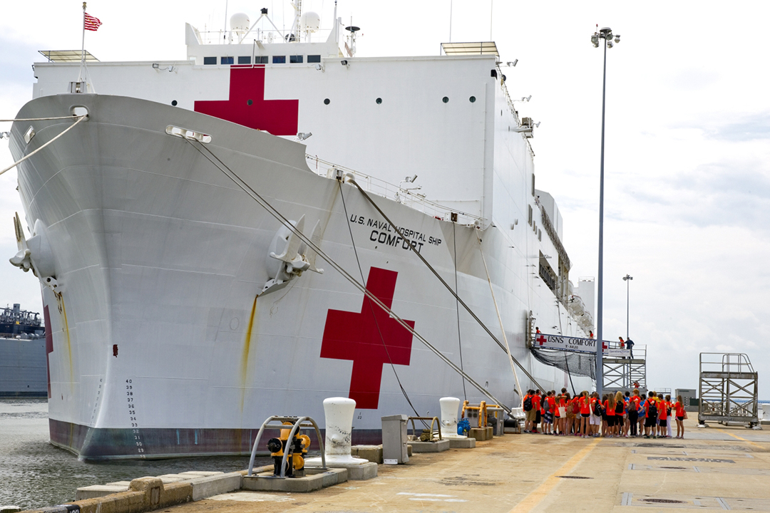 Hospital ship USNS Comfort docked in harbour. Photo by Marc Ascher 