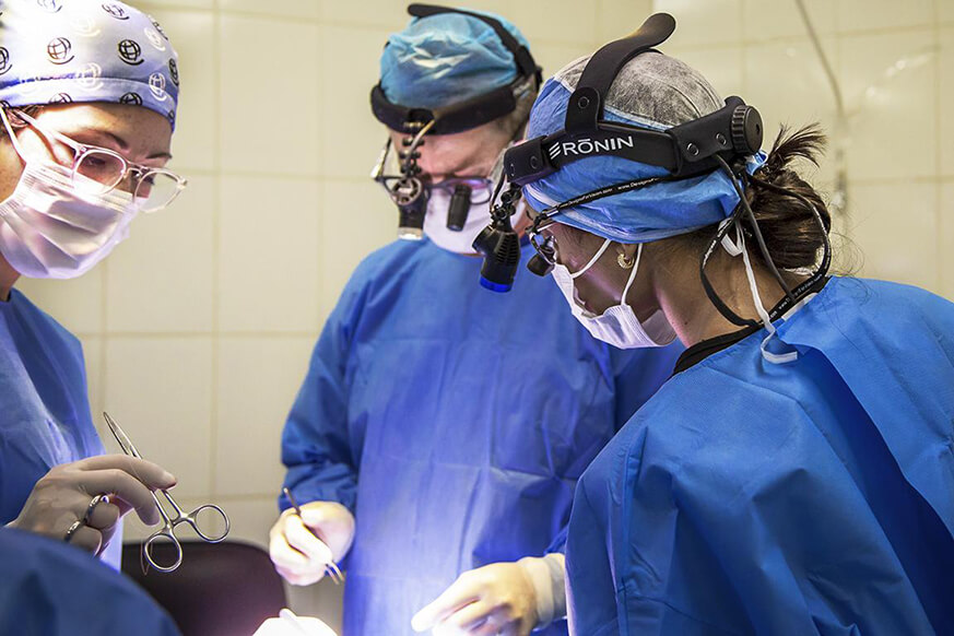 Three surgeons gather around a patient. They are all wearing surgical gowns, caps and face masks.