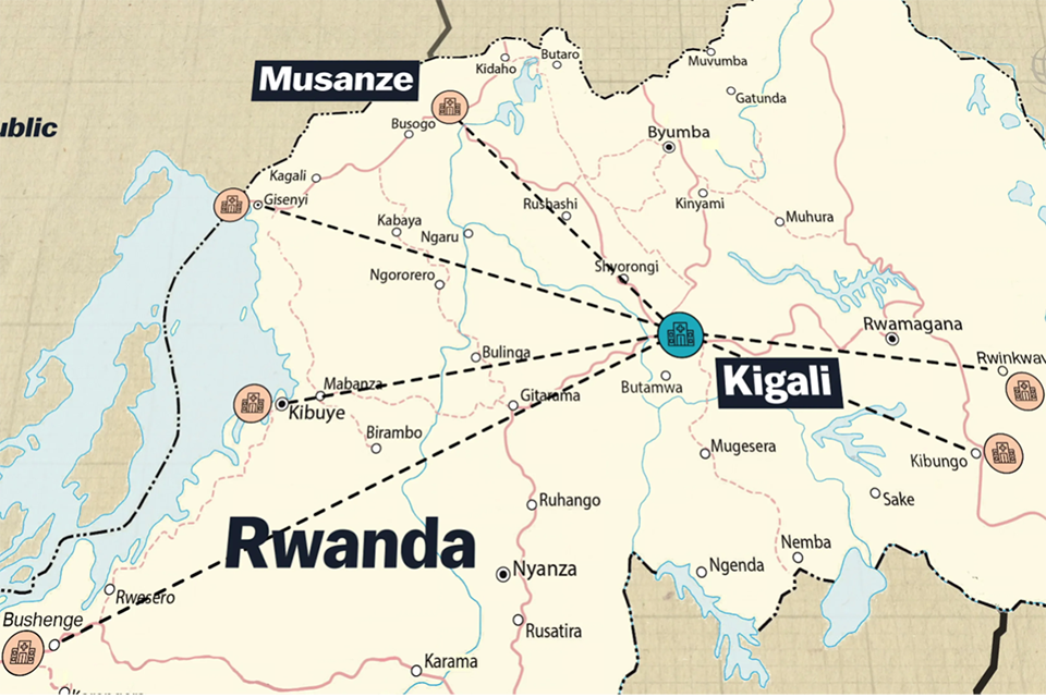 A map of Rwanda highlighting the cities of Kigali and Musanze, with dashed lines connecting Kigali to other regions. Nearby lakes and towns are labeled, along with national borders.